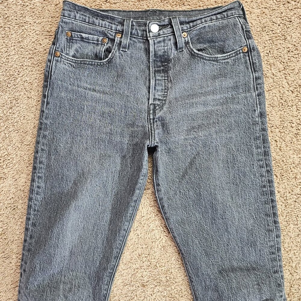 Levis 501 Skinny Jeans Mens Tag 27x32 Act 30x30.5 Black Raw Hem Button Fly - Picture 3 of 12